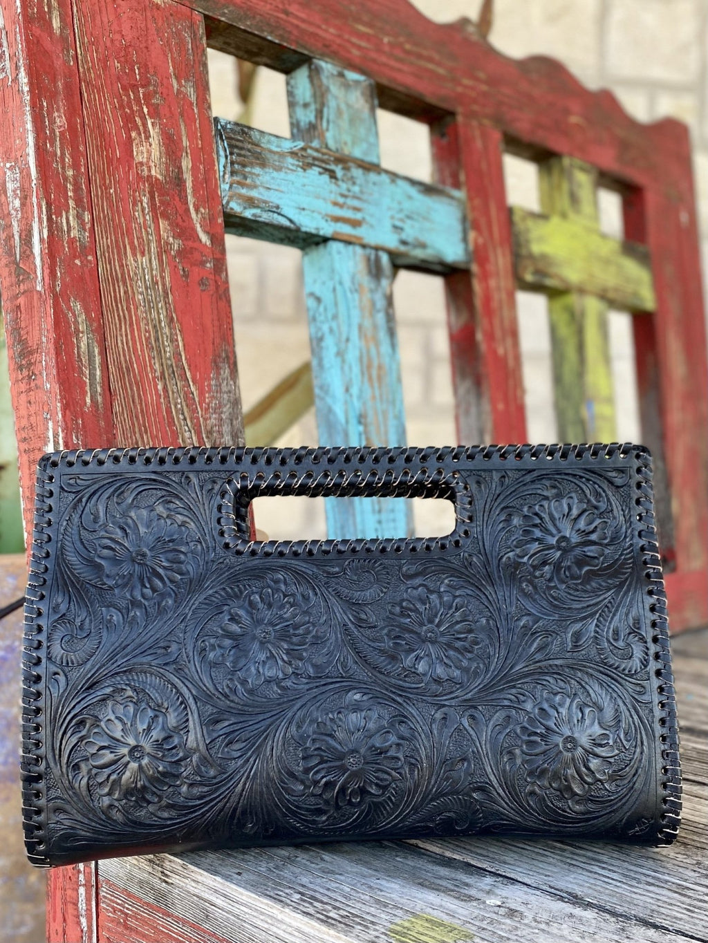 Women's Black Tooled Leather Clutch