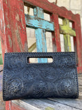 Women's Black Tooled Leather Clutch