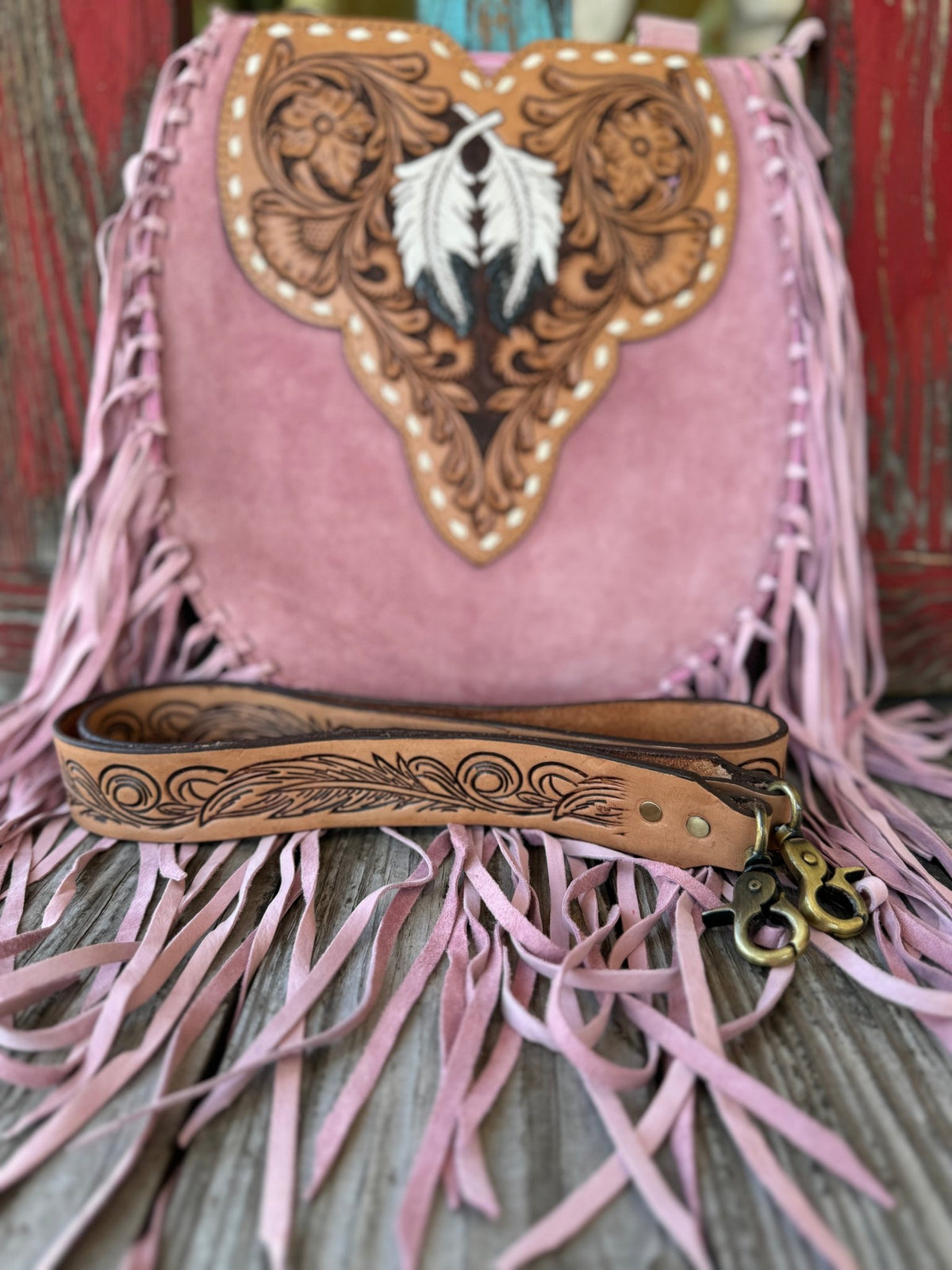 Women's Blush Pink Fringe Crossbody with Tooled Feather Flap