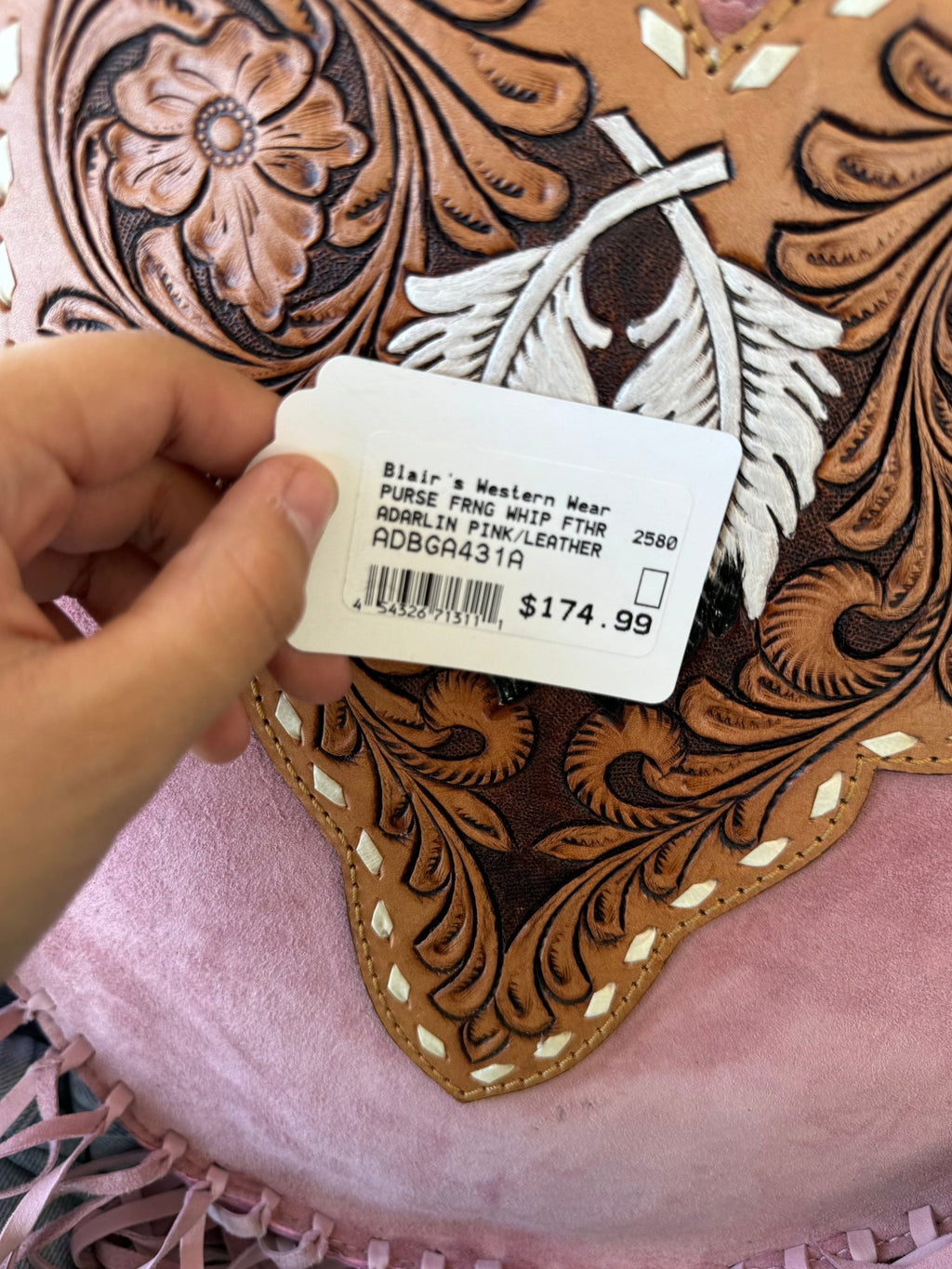 Women's Blush Pink Fringe Crossbody with Tooled Feather Flap