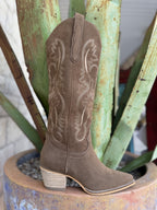 Women's Western Suede knee-High Boot in tan, featuring a snipped toe design with a delicate stitch pattern on the shaft - HANAN. Available at Blair's Western Wear, Marble Falls, TX.

