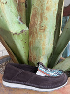 Women's brown slip-on cruiser shoe with a multicolor Aztec-inspired pattern and elastic side panels — Blair's Western Wear Marble Falls TX
