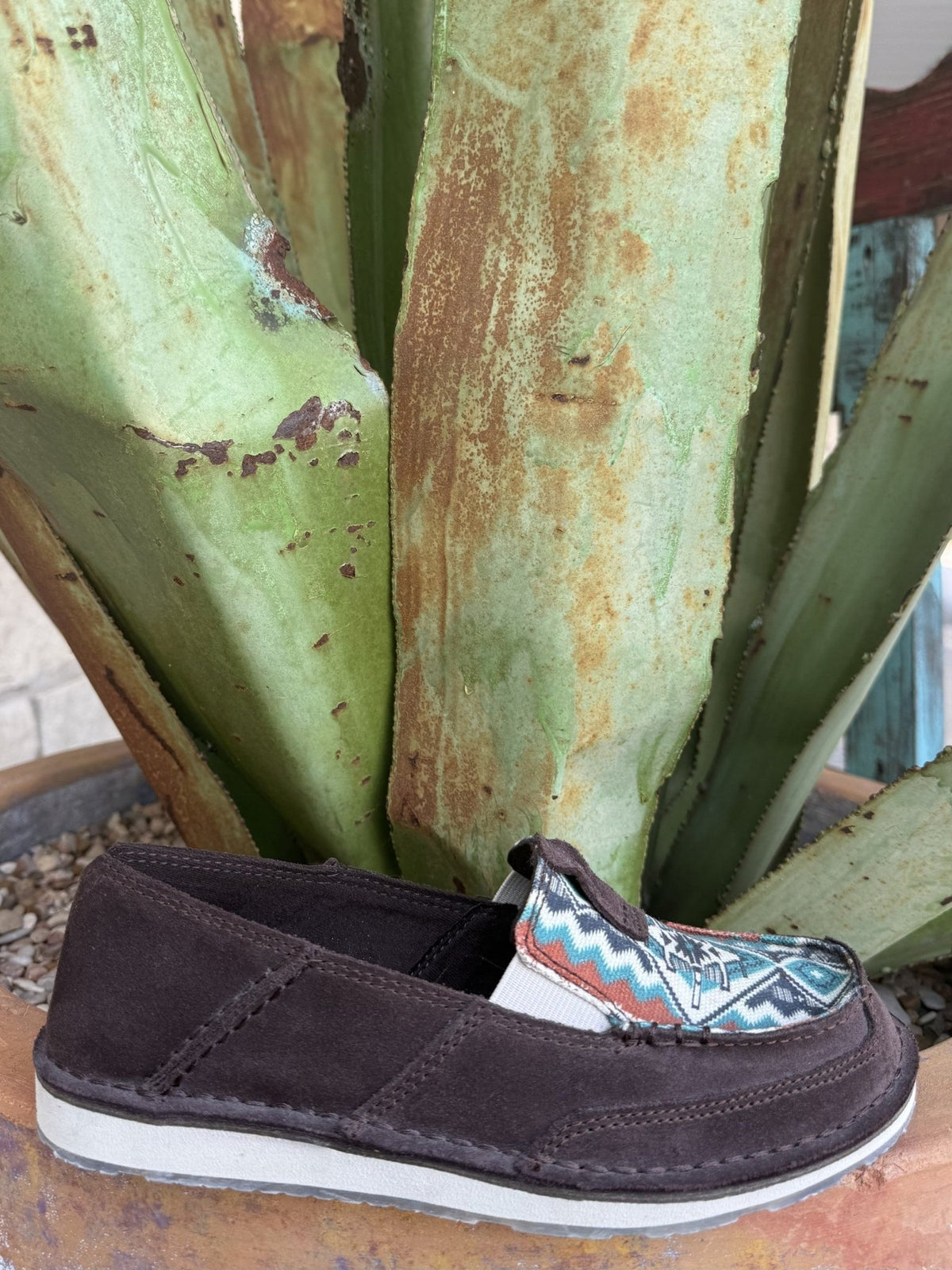 Women's brown slip-on cruiser shoe with a multicolor Aztec-inspired pattern and elastic side panels — Blair's Western Wear Marble Falls TX
