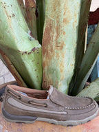Women's brown leather slip-on driving moccasin with a rounded toe and low-profile rubber sole — Blair's Western Wear Marble Falls TX