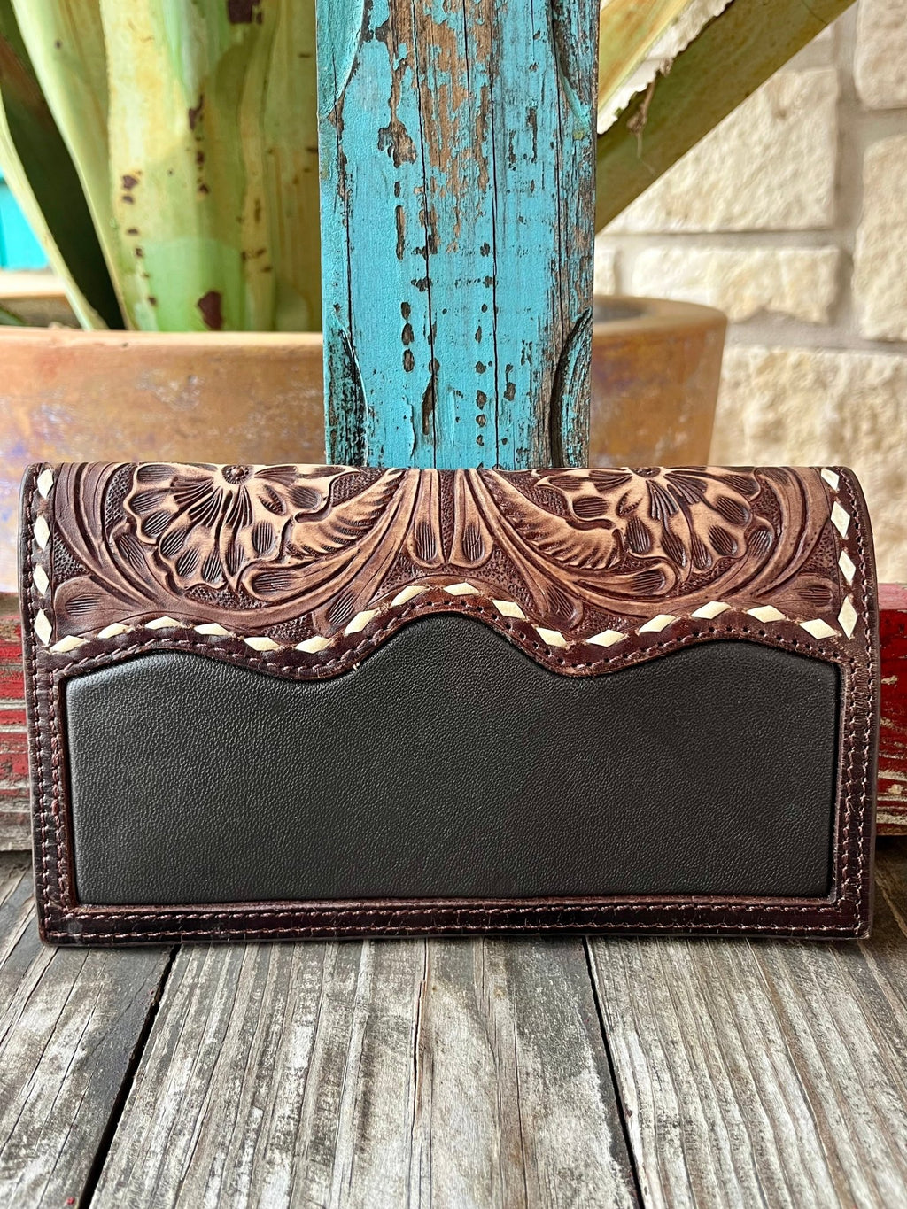 Women's Chocolate Tooled Leather Long Bifold Wallet