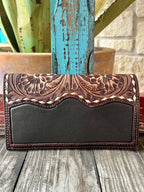 Women's Chocolate Tooled Leather Long Bifold Wallet