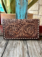 Women's American Darling Clutch Wallet in chocolate and white, showcasing hand-tooled, full-grain genuine leather, with a secure YKK zipper and removable shoulder strap - ADBGZ584B. Available at Blair's Western Wear, Marble Falls, TX.
