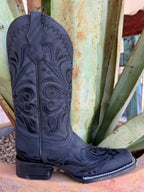 Women's black leather square toe boot with tonal scroll embroidery, pull tabs and light welt stitching — Blair's Western Wear Marble Falls TX