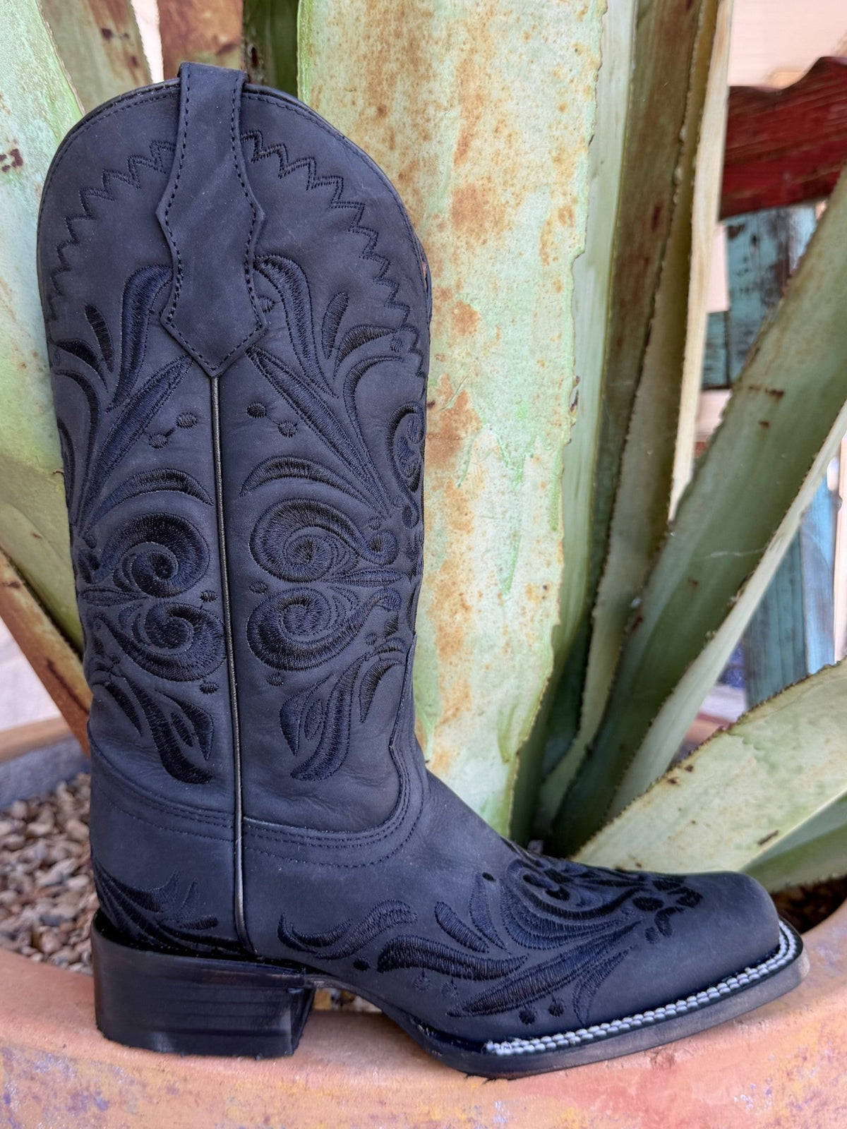  Women's black leather square toe boot with tonal scroll embroidery, pull tabs and light welt stitching — Blair's Western Wear Marble Falls TX