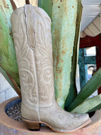 Side view of bone-natural tall Western boot with tonal scroll embroidery, snip toe, side pull tab and brown heel — Blair's Western Wear Marble Falls TX