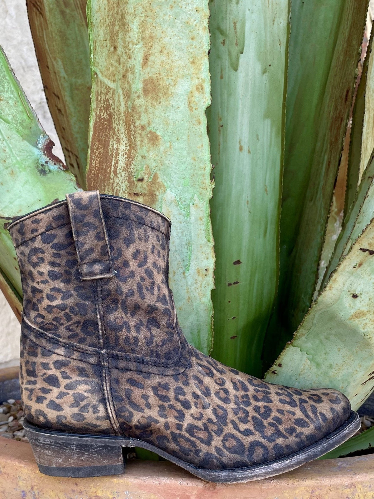 Distressed tan & brown leopard-print bootie — side pull tab, round toe, stacked heel