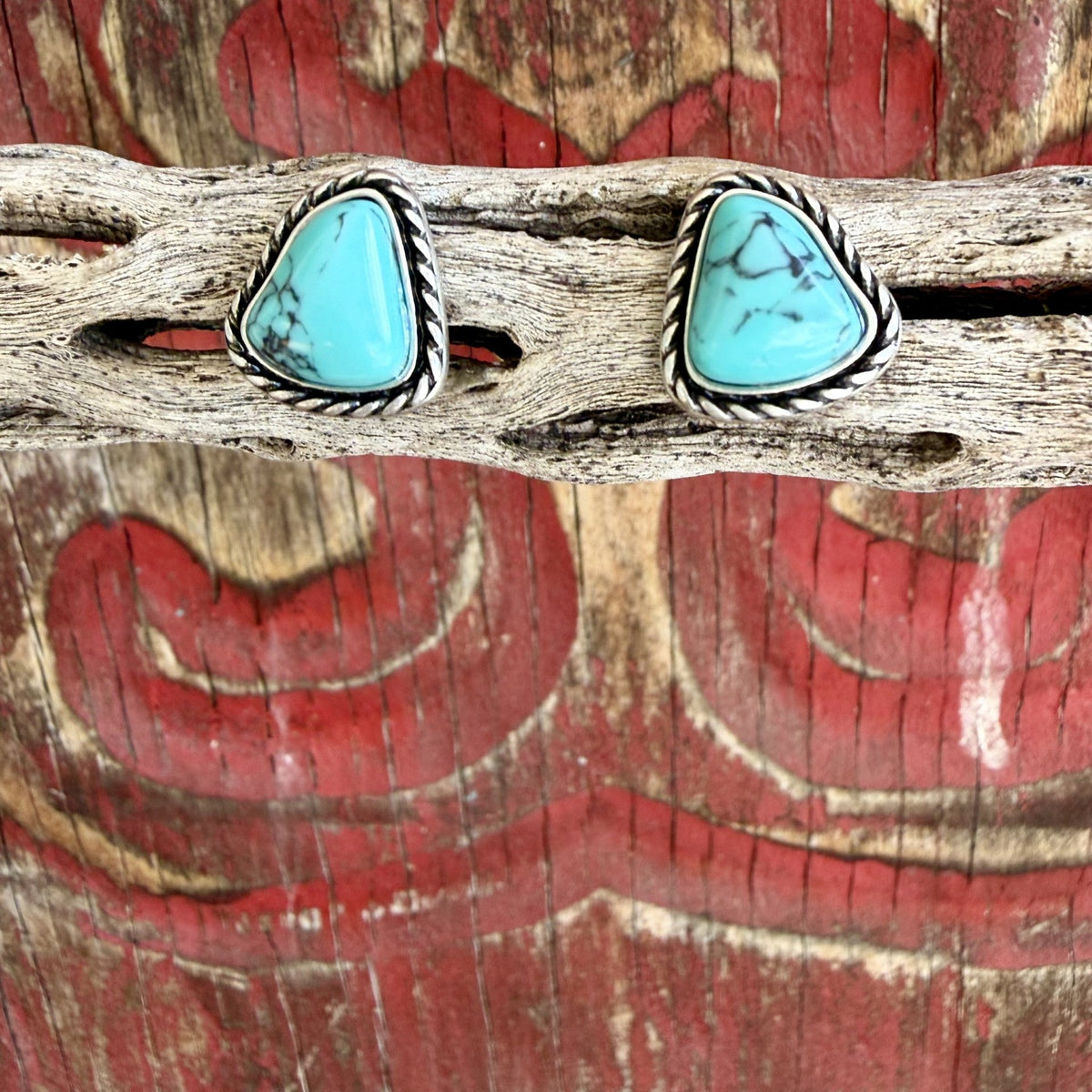 Women's rounded triangle stud earrings with turquoise-colored veined centers and twisted silver-tone rope borders — Blair's Western Wear Marble Falls TX