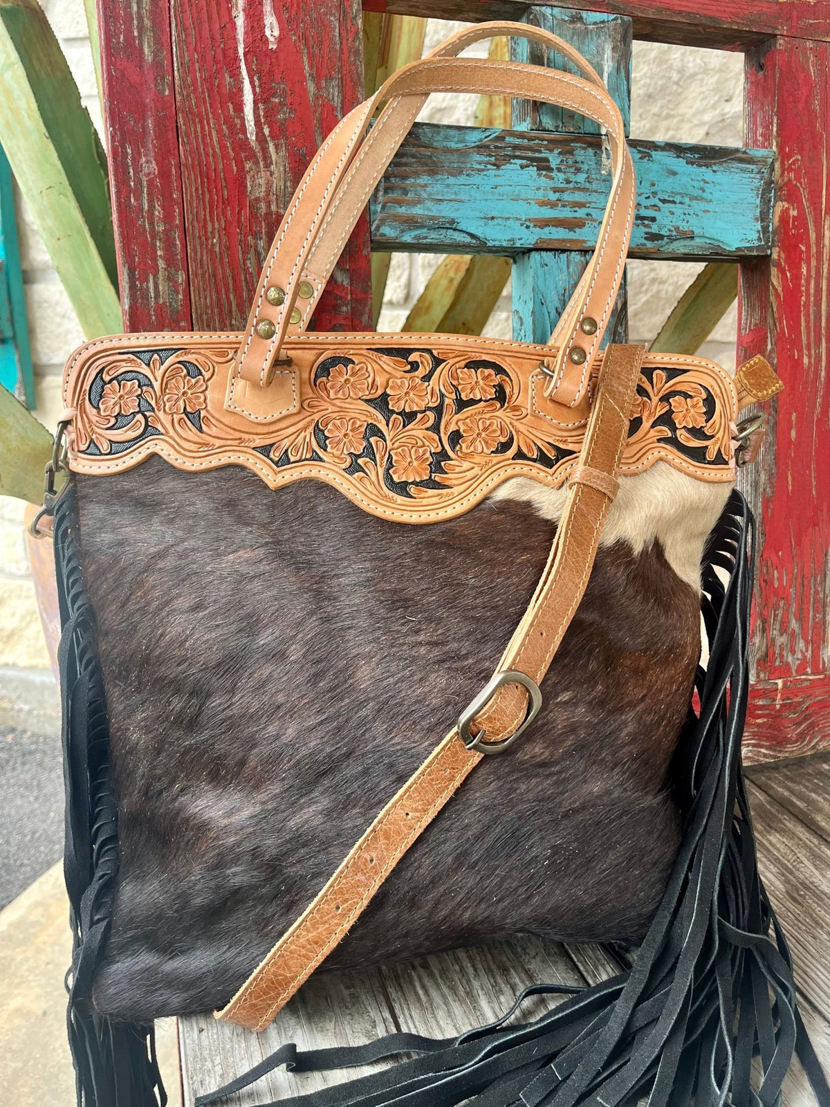 Women's Dark Brindle Hair-On Hide Tote with Tooled Yoke & Black Fringe