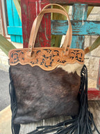 Women's Dark Brindle Hair-On Hide Tote with Tooled Yoke & Black Fringe