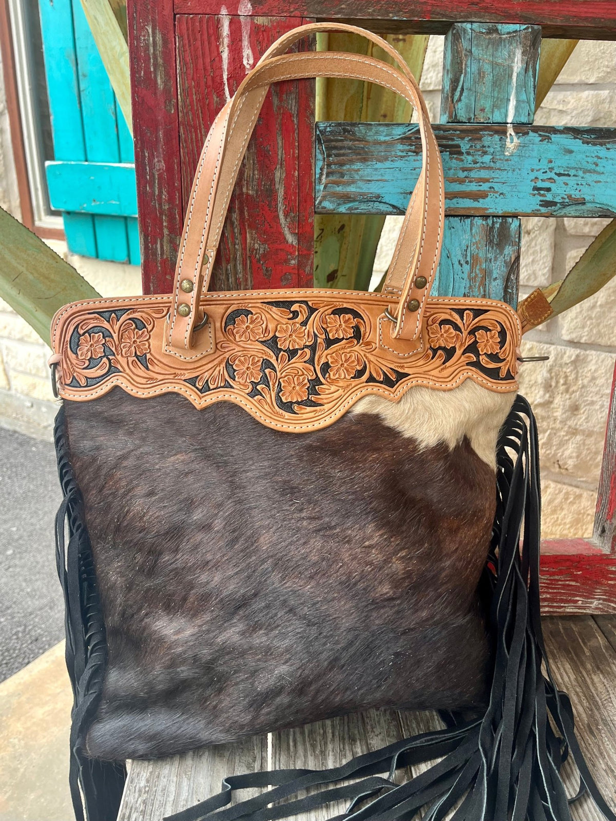 Women's Dark Brindle Hair-On Hide Tote with Tooled Yoke & Black Fringe