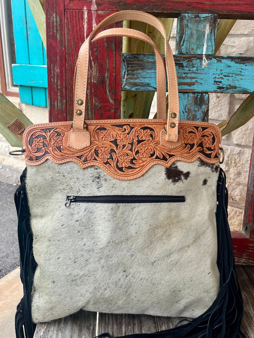Women's Dark Brindle Hair-On Hide Tote with Tooled Yoke & Black Fringe