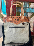 Women's Dark Brindle Hair-On Hide Tote with Tooled Yoke & Black Fringe