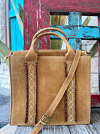 Women's Golden Tan Suede Structured Tote with Whipstitch & Diamond Embroidery