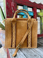 Women's Golden Tan Suede Structured Tote with Whipstitch & Diamond Embroidery