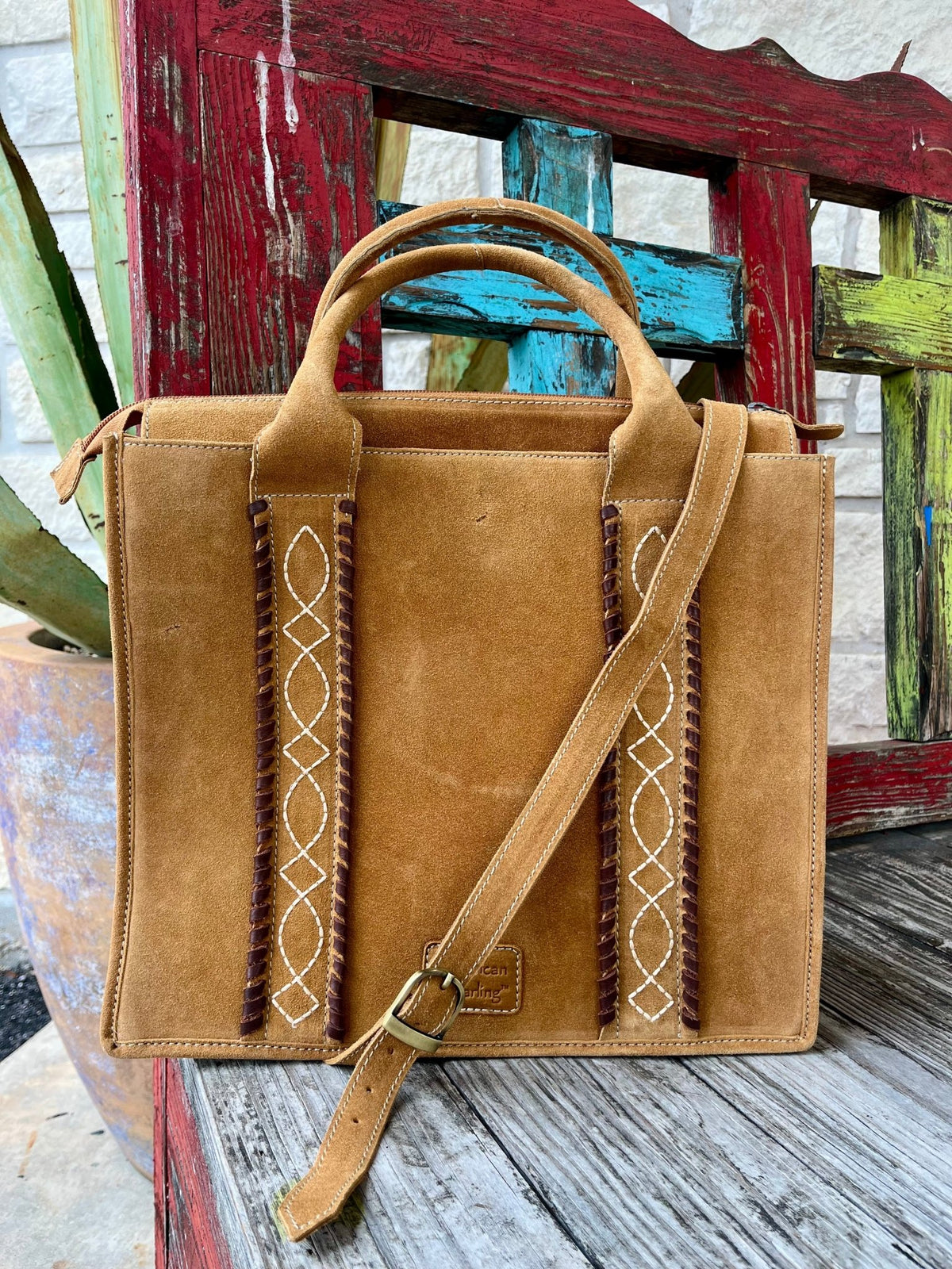 Women's Golden Tan Suede Structured Tote with Whipstitch & Diamond Embroidery