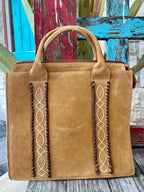 Women's Golden Tan Suede Structured Tote with Whipstitch & Diamond Embroidery