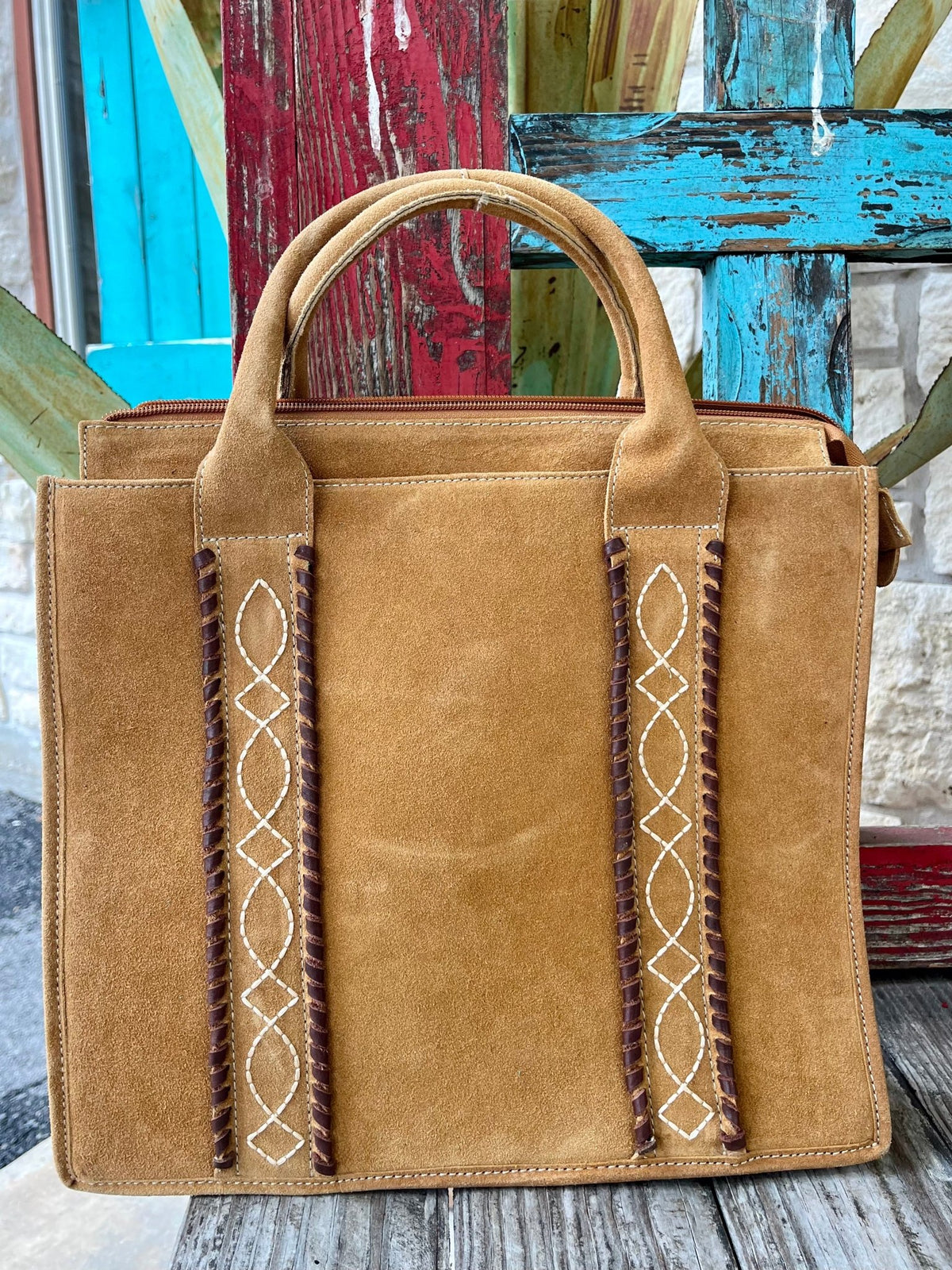 Women's Golden Tan Suede Structured Tote with Whipstitch & Diamond Embroidery