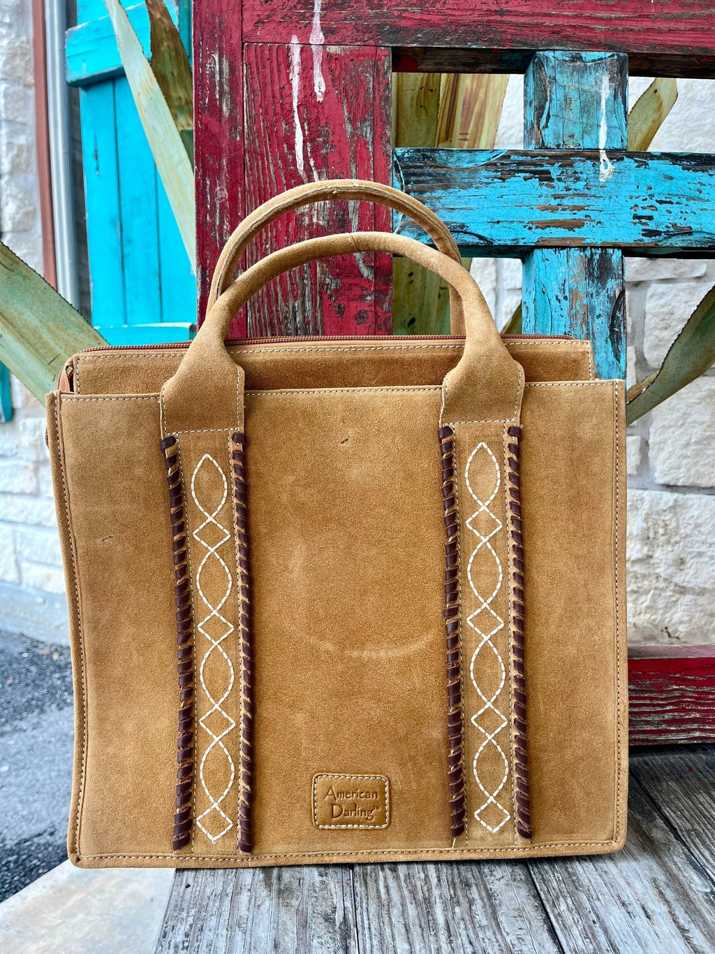 Women's Golden Tan Suede Structured Tote with Whipstitch & Diamond Embroidery