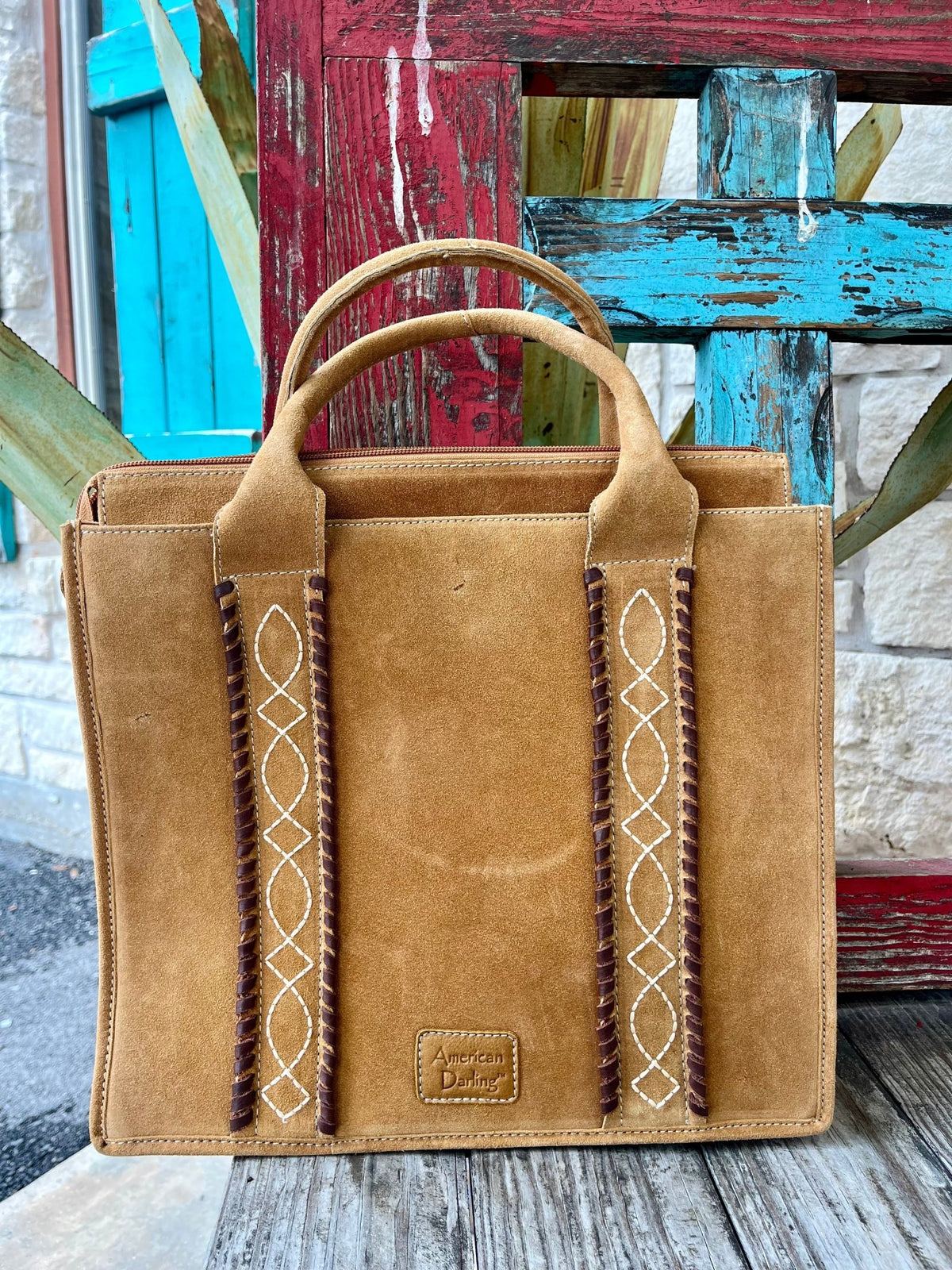 Women's Golden Tan Suede Structured Tote with Whipstitch & Diamond Embroidery