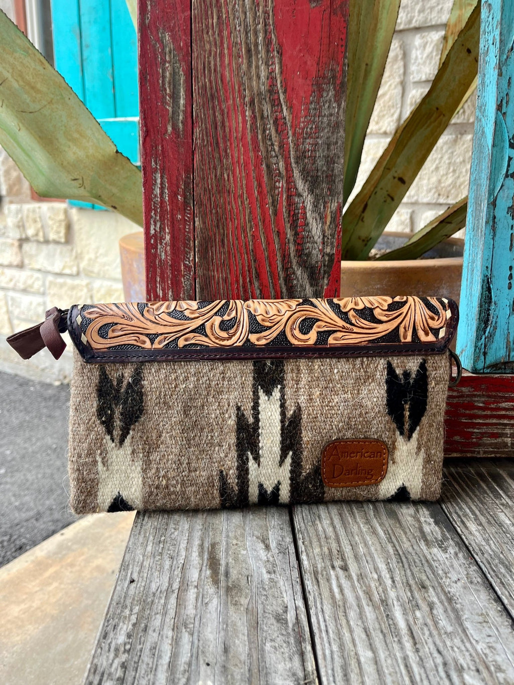 Women's Gray Blanket Wool & Tooled Leather Envelope Wristlet Clutch