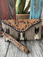 Women's Gray Blanket Wool & Tooled Leather Envelope Wristlet Clutch