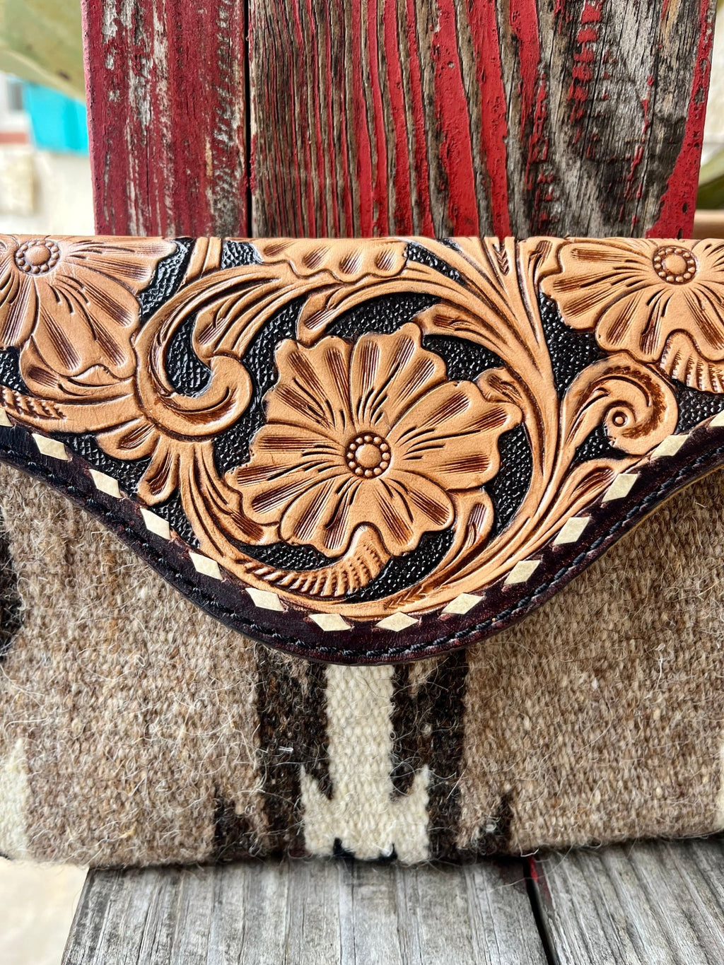 Women's Gray Blanket Wool & Tooled Leather Envelope Wristlet Clutch
