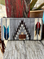 Women's Grey Aztec-Inspired Blanket Wool Wristlet with Tooled Leather Yoke & Tan Suede Fringe