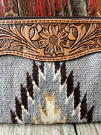 Women's Grey Aztec-Inspired Blanket Wool Wristlet with Tooled Leather Yoke & Tan Suede Fringe