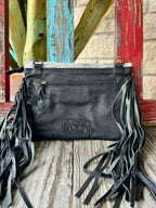 Women's Grey Silver Acid-Wash Hair-On Hide Fringe Crossbody Clutch