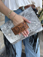 Women's Grey Silver Acid-Wash Hair-On Hide Fringe Crossbody Clutch