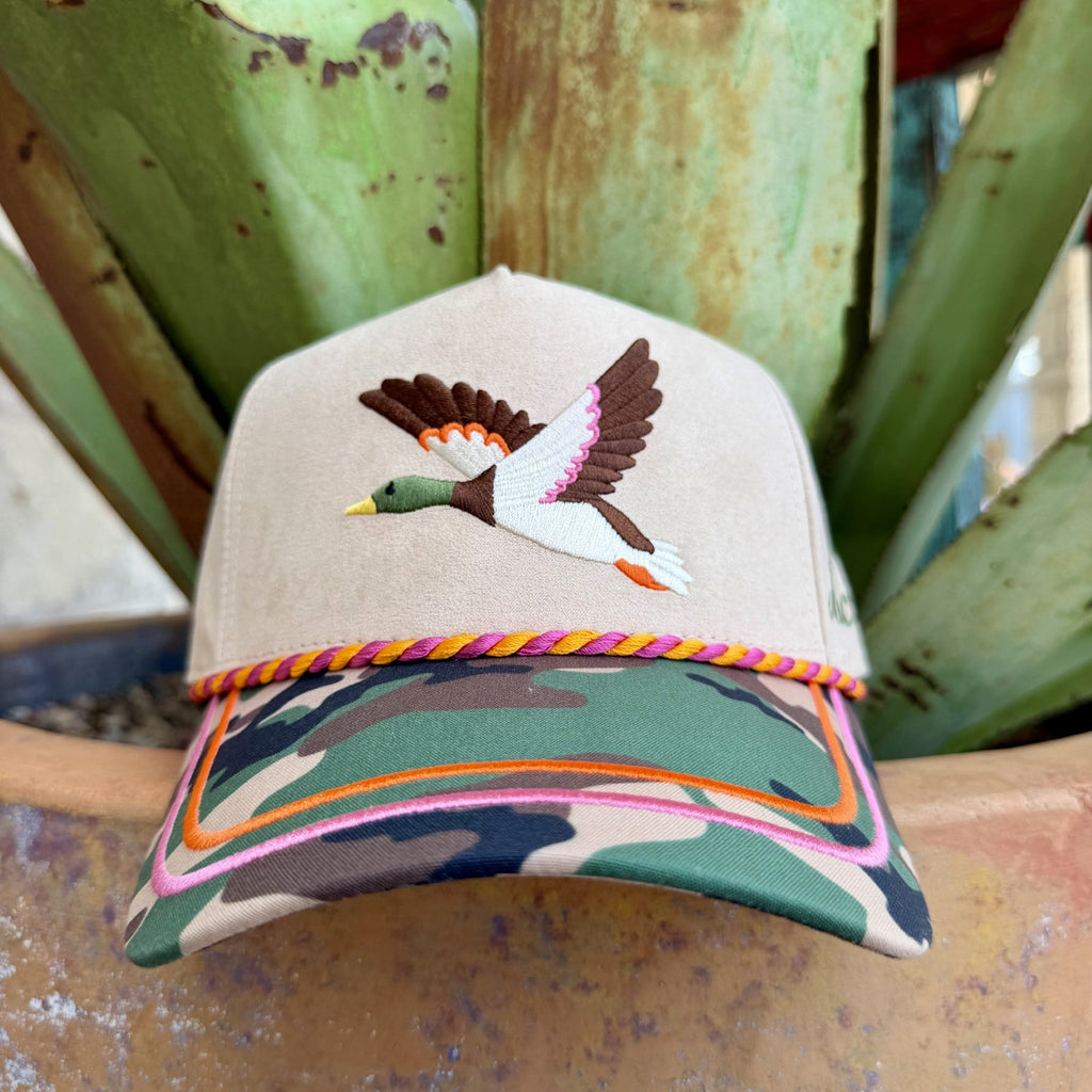  Tan cap with a multicolor embroidered flying duck, camouflage brim, pink-and-orange rope trim and accent stitching — Blair's Western Wear Marble Falls TX