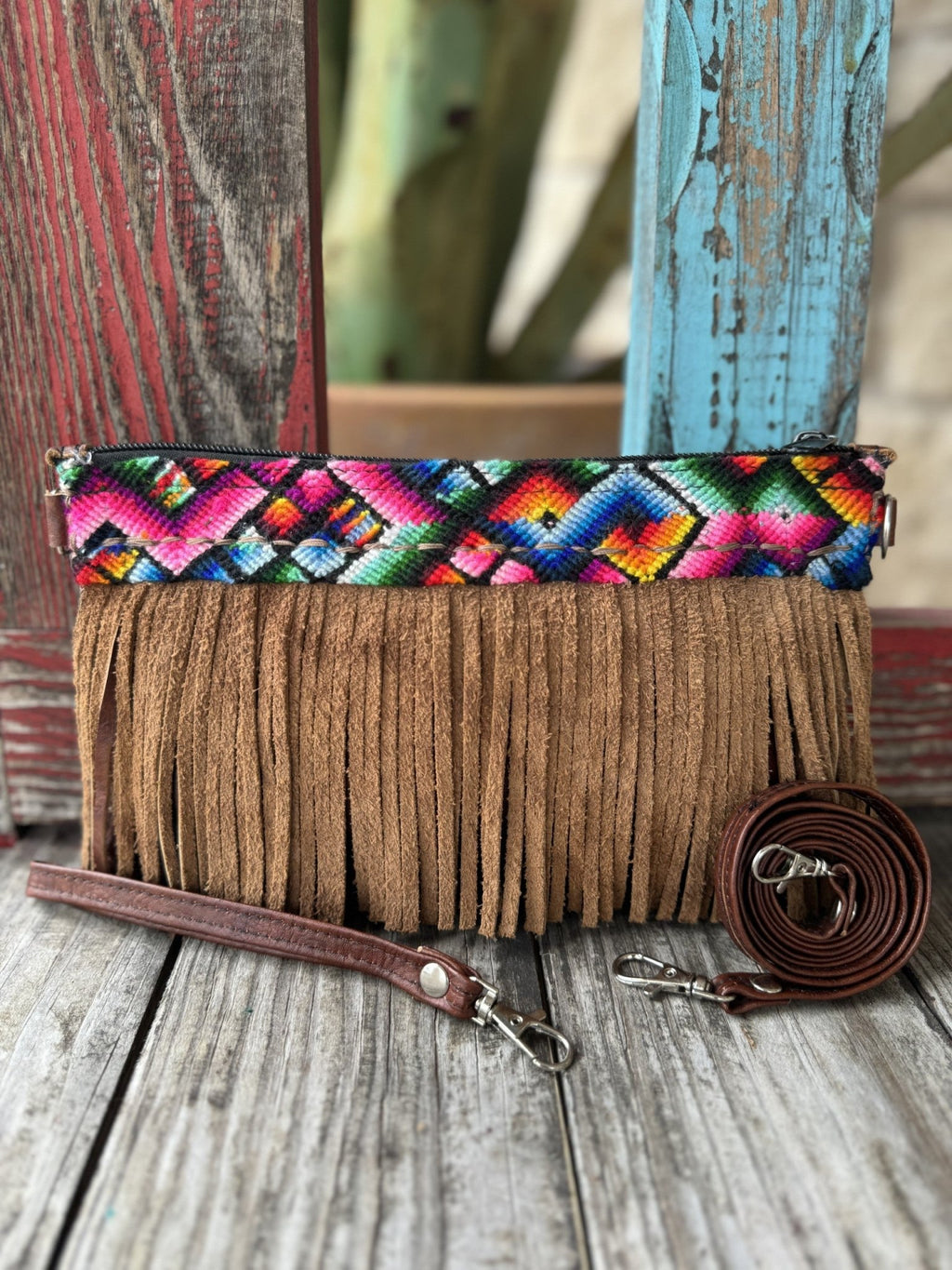 Women's Multicolor Aztec-Inspired & Tan Suede Fringe Clutch Wristlet