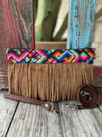 Women's Multicolor Aztec-Inspired & Tan Suede Fringe Clutch Wristlet