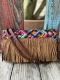 Women's Multicolor Aztec-Inspired & Tan Suede Fringe Clutch Wristlet