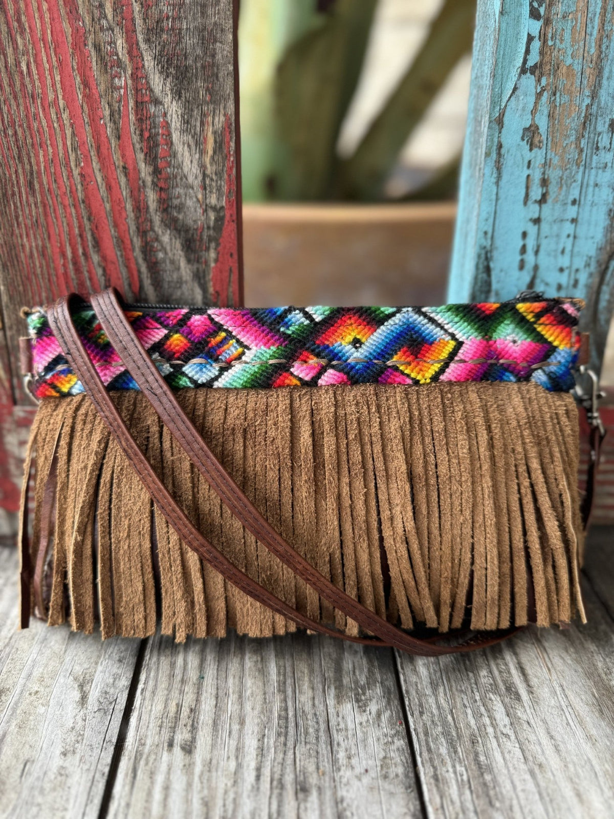 Women's Multicolor Aztec-Inspired & Tan Suede Fringe Clutch Wristlet