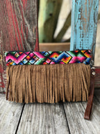 Women's Multicolor Aztec-Inspired & Tan Suede Fringe Clutch Wristlet