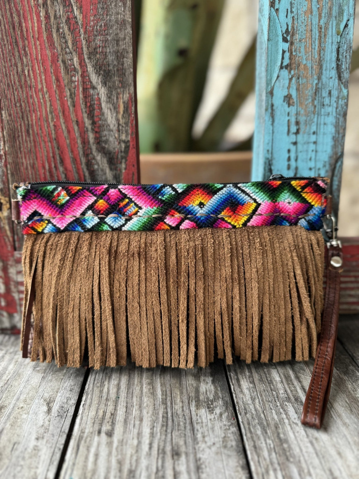 Women's Multicolor Aztec-Inspired & Tan Suede Fringe Clutch Wristlet