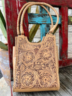 Women's Natural Tan Floral Tooled Leather Tote with Braided Handles