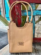 Women's Natural Tan Floral Tooled Leather Tote with Braided Handles