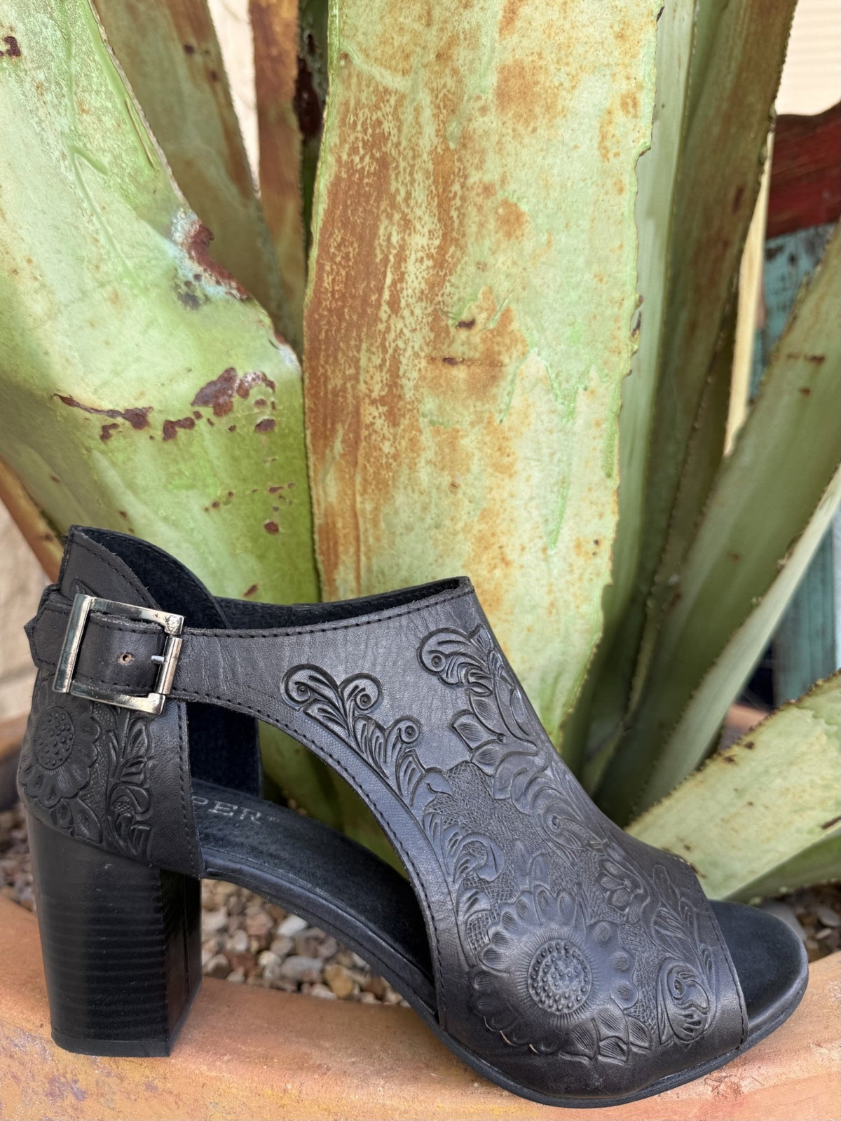 Women's burnished black leather open-toe mule with hand-tooled detailing, closed back, and 3-inch heel — Blair's Western Wear Marble Falls TX