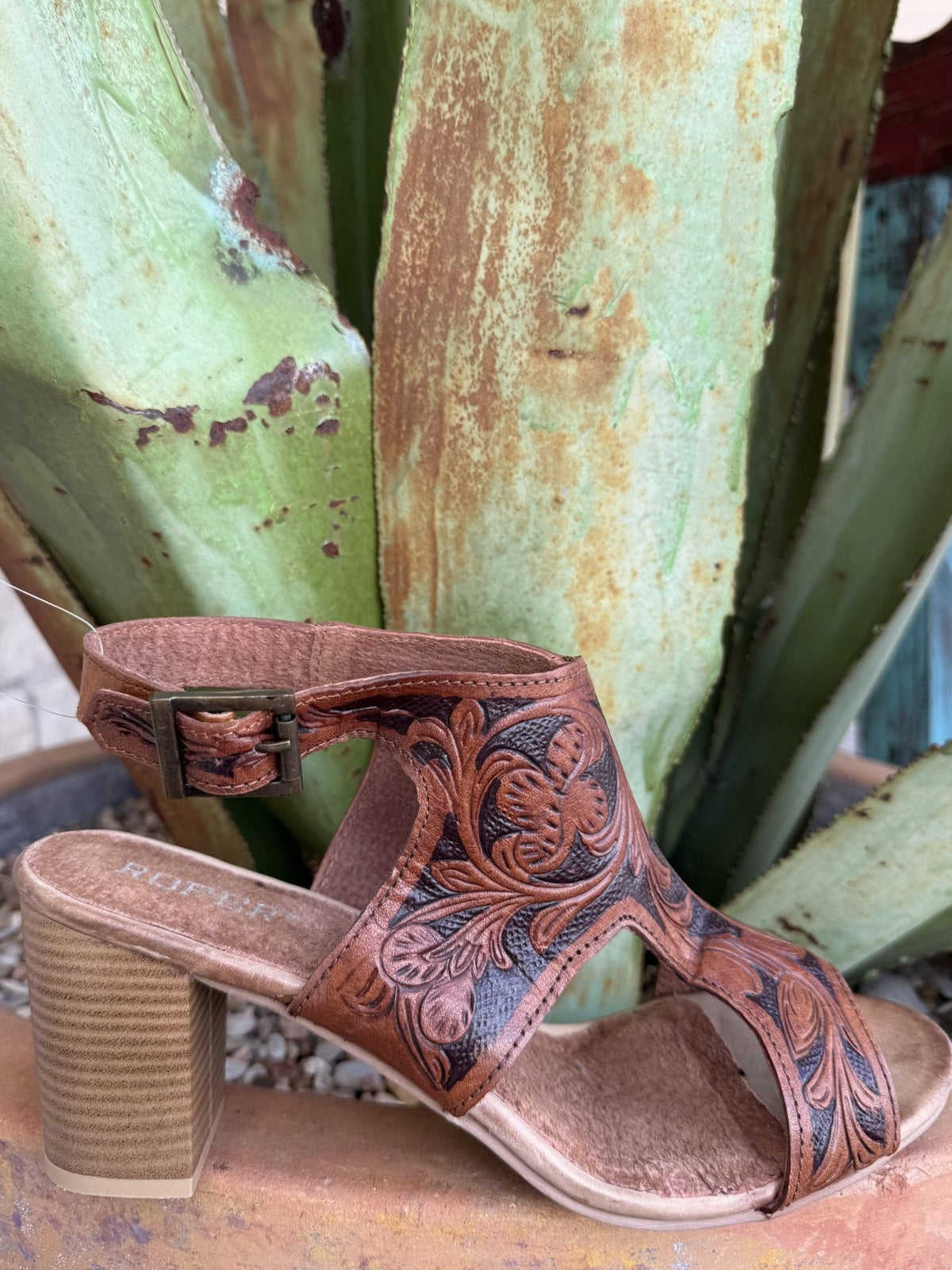 Women's brown leather open-toe sandal with an adjustable buckle backstrap and 3-inch heel — Blair's Western Wear Marble Falls TX