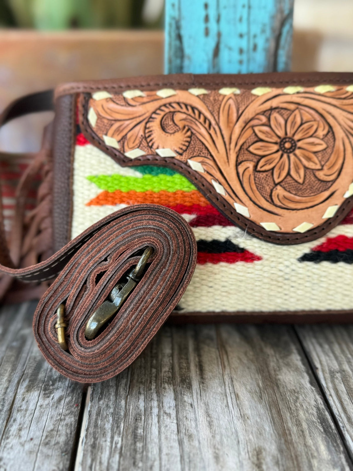 Women's Serape Fringe Tooled Leather Crossbody Purse