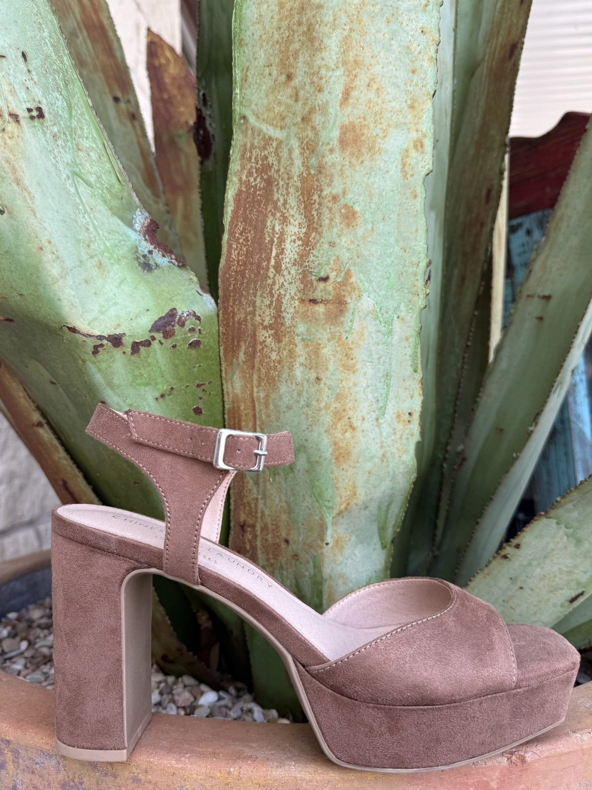 Women's tan suede open-toe heel with adjustable strap, raised front platform, and 4-inch heel — Blair's Western Wear Marble Falls TX