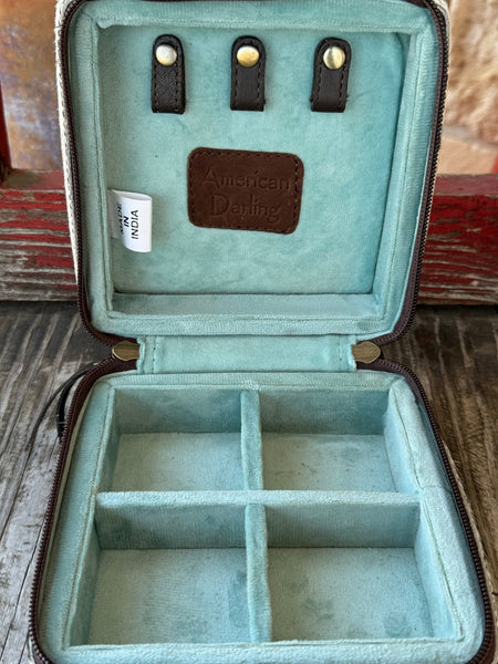 Women's Tan & Turquoise Hide Tooled Leather Jewelry Case