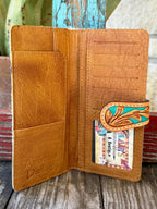 Women's Tan & Turquoise Tooled Leather & Hair-On Hide Checkbook Wallet